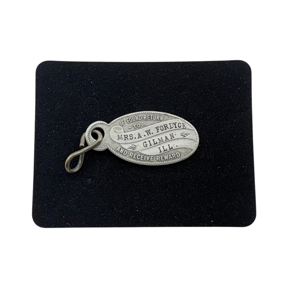 Registry Tag Identification Fob 1910s Silver Tone Mrs AW Fordyce Gilman Illinois